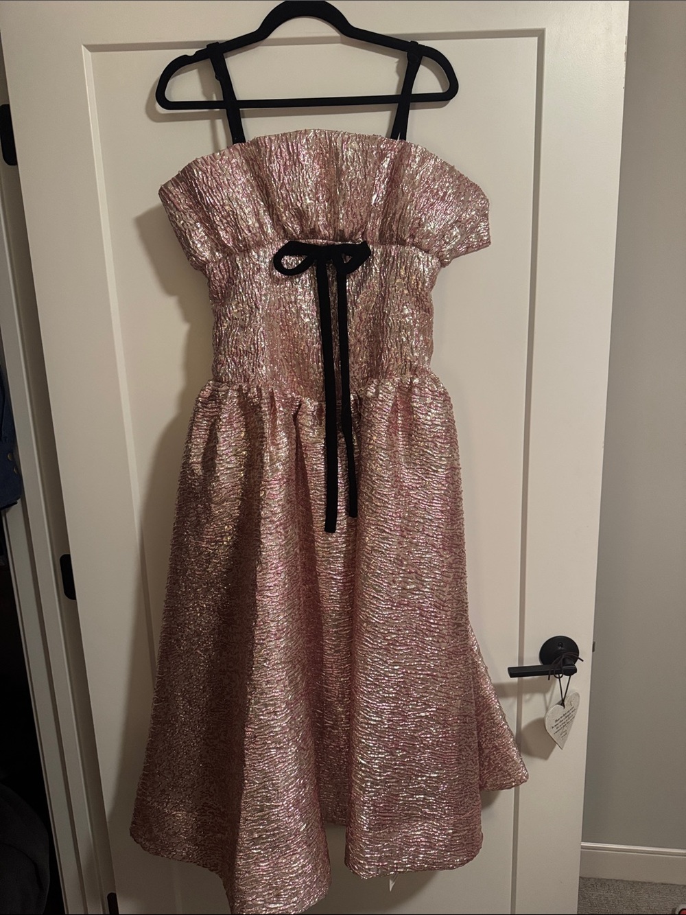 For Love & Lemons Shimmery Pink Party Dress with Black velvet Bow